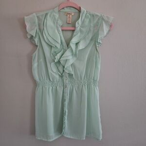 Marisol Mint Light Green Ruffled Blouse Buttons Boho Career Cinched Waist Medium